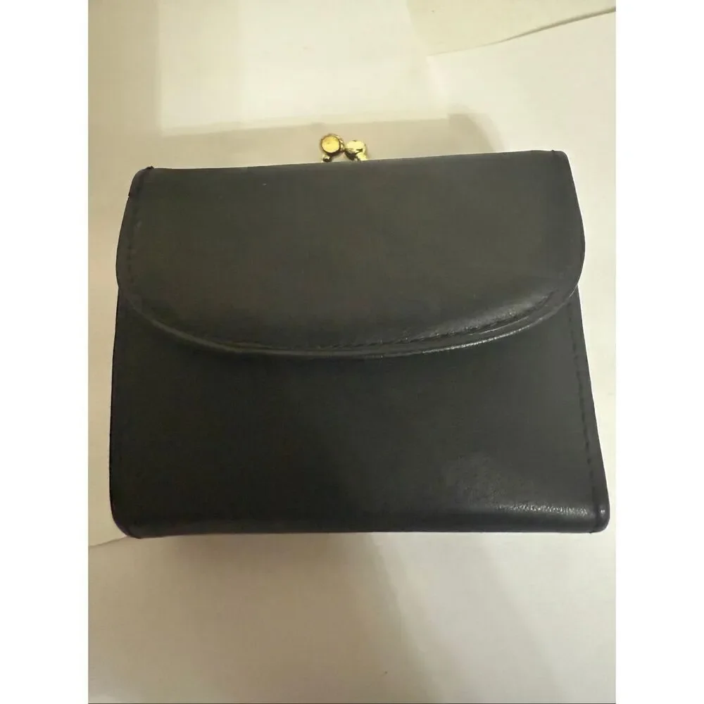 Women's Leather Tri-fold Kisslock Coin Pocket Card Holder Wallet Black OS NWT